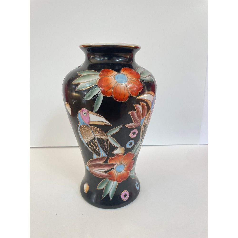 Vintage‎ Black Ceramic Toucan Floral Vase Chinoiserie Gold Cloisonne 12"